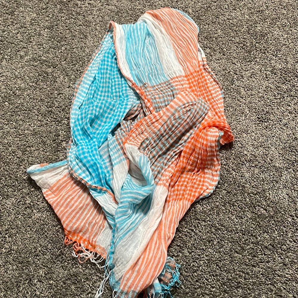 Talbots Scarf Women’s Spring Lightweight White Orange‎ Blue soft wrap fringe